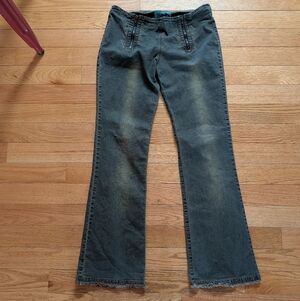Vintage Y2K 2000s Low Rise Double Zipper Flare Jeans Grunge Dirty Wash Denim
